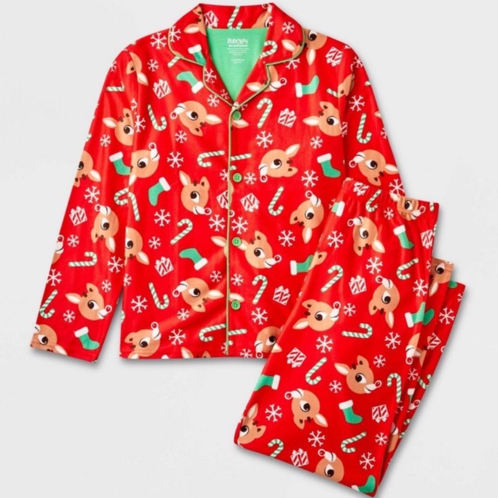 Kids Rudolph the‎ Red-Nosed Reindeer Christmas Pajamas Set size 6-7 Button Down